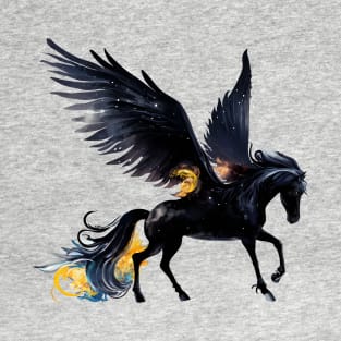 Mythical Fire Pegasus black horse winged flying night watercolor fantasy magical fairy tale illustration T-Shirt